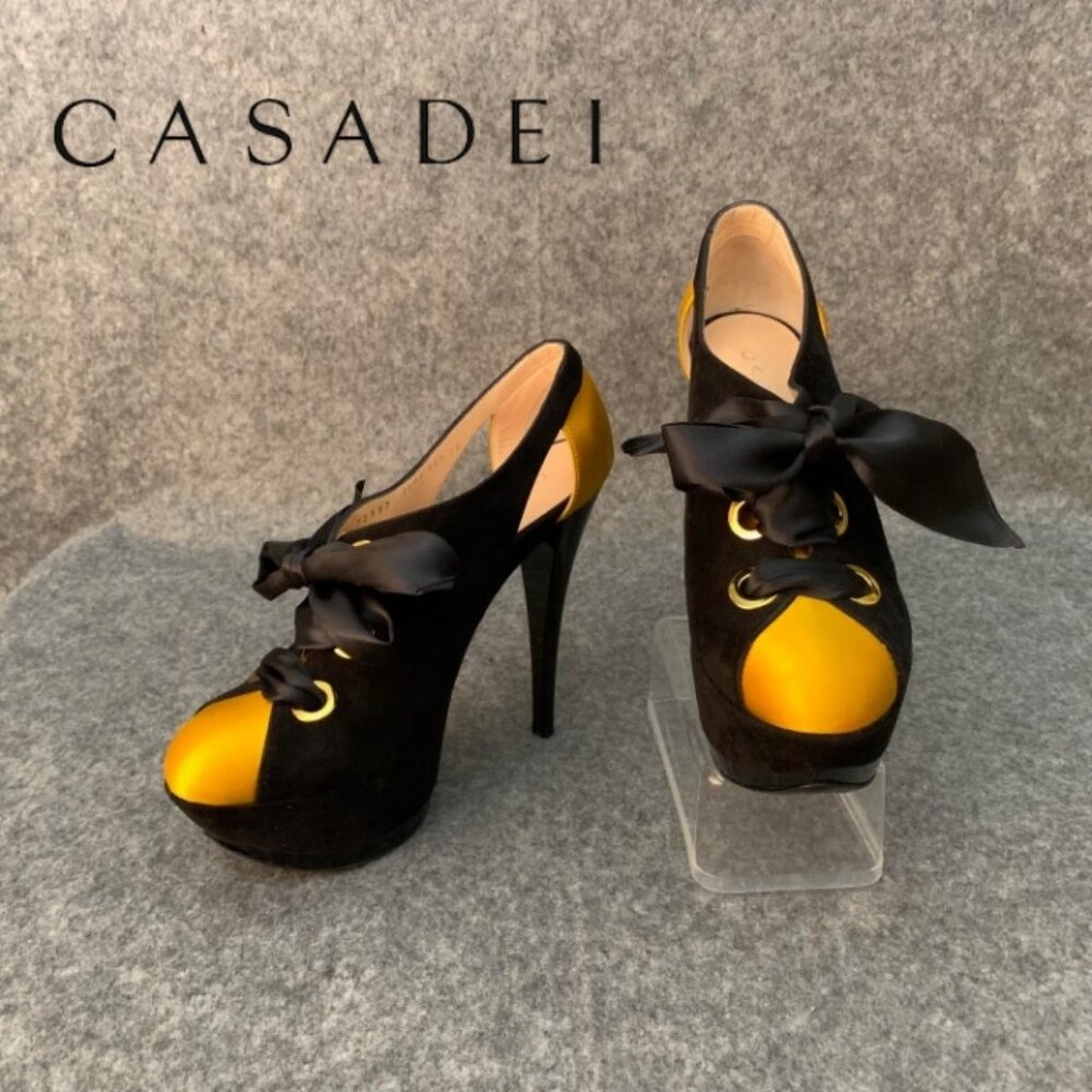 Casadei Black Yellow Suede Satin Lace Up Heels Platform Shoes